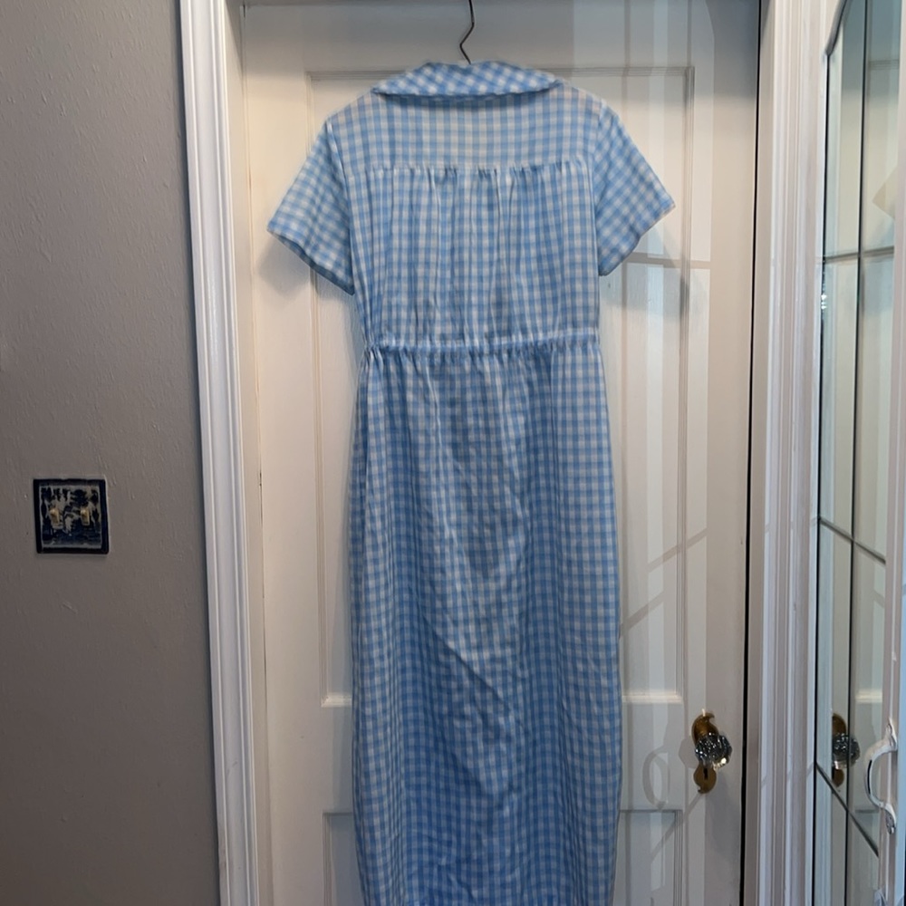 Vintage cotton poly house dress blue white checkered embroidered flowers - Picture 6 of 8